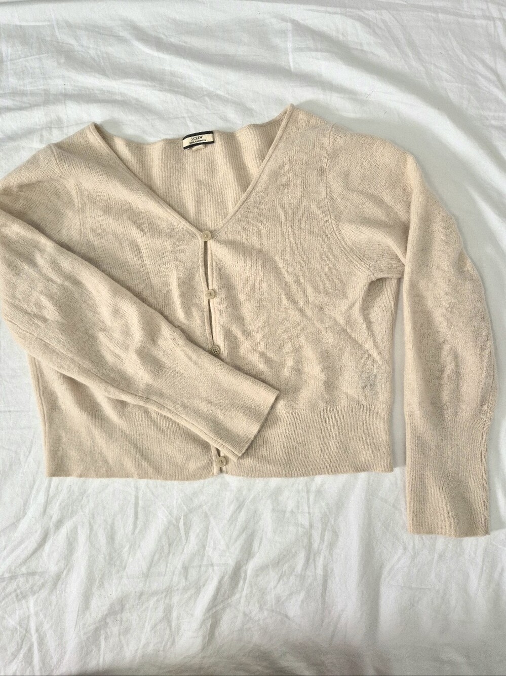 J Crew Featherweight Cashmere Cropped Cardigan Sweater Cream Large Quiet Luxury